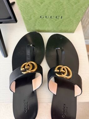 Gucci Black Leather Sandals with Gold Double G